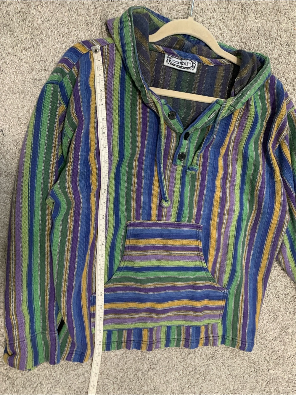 Vintage Bonjour Striped Hooded Pullover Sweatshirt Top - Green & Blue - Picture 7 of 7